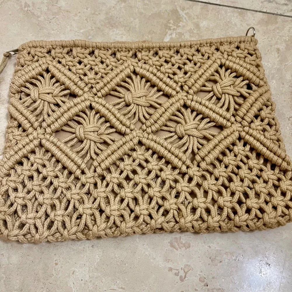 Boho‎ Macrame Tassel Clutch Bag Tan Geometric Woven Zipper Pouch Summer Festival